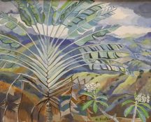 Edward Foster, oil on board, Tropical landscape with banana plant, signed and dated 1980, 24 x 29cm