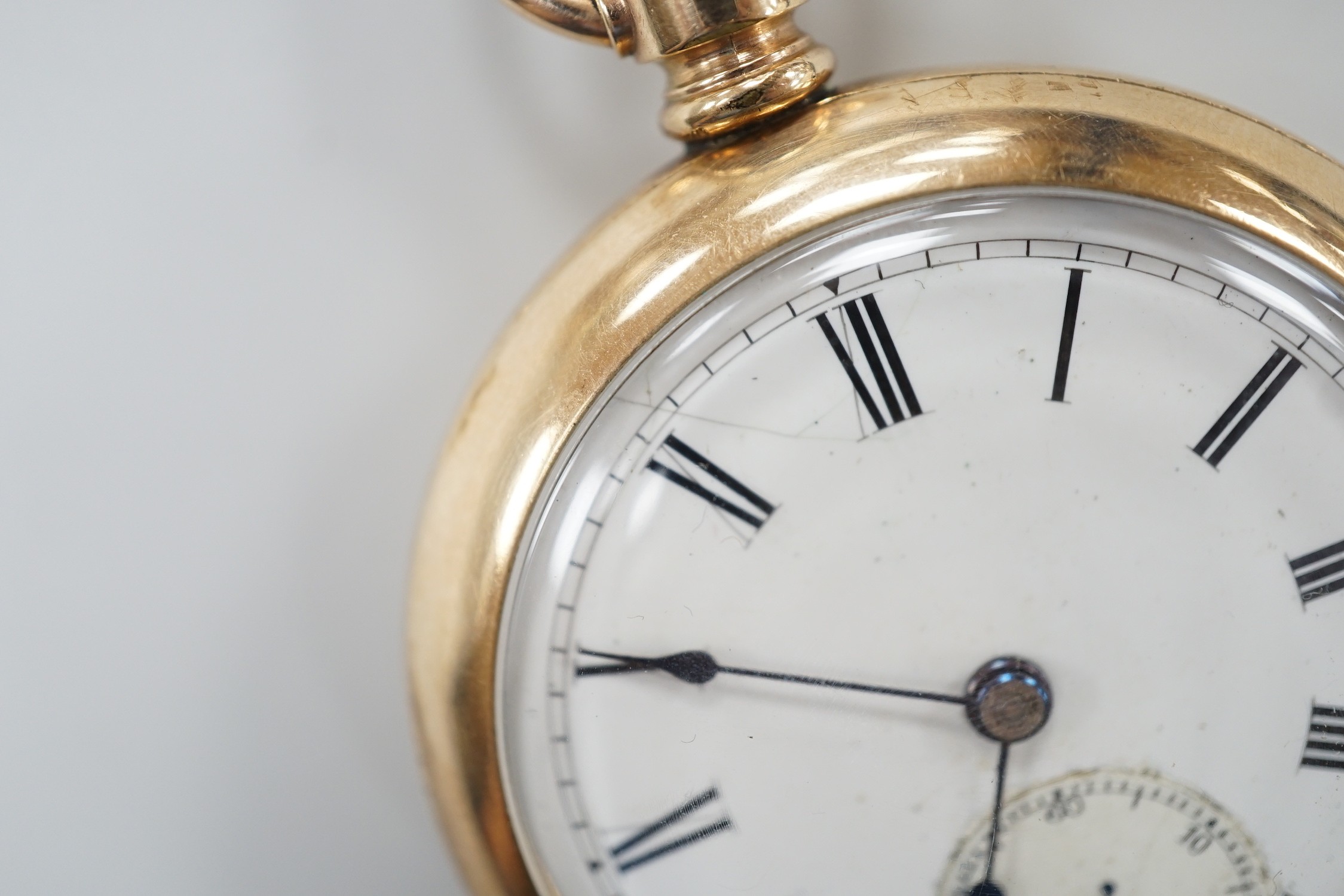 An American gold plated Rockford Watch Co. keyless open faced pocket watch, with Roman dial and - Image 2 of 3