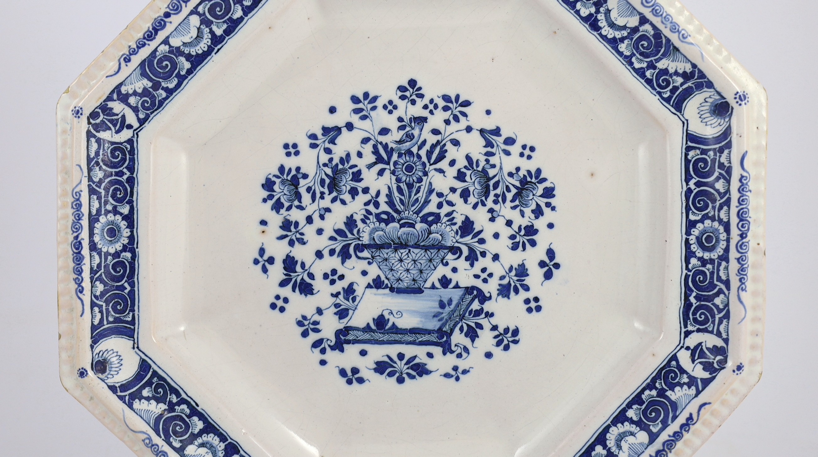 A large Strasbourg faience octagonal dish, c.1720-40, painted in blue with a basket of flowers, - Image 3 of 6