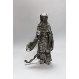 A heavily cast Japanese bronze figure of a bearded man with flowing robes, Meiji period, 31cm tall