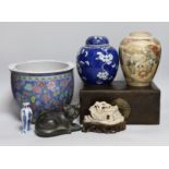 A Chinese Kangxi blue and white miniature vase, 9cm tall, a 19th century Chinese wood writing box, a