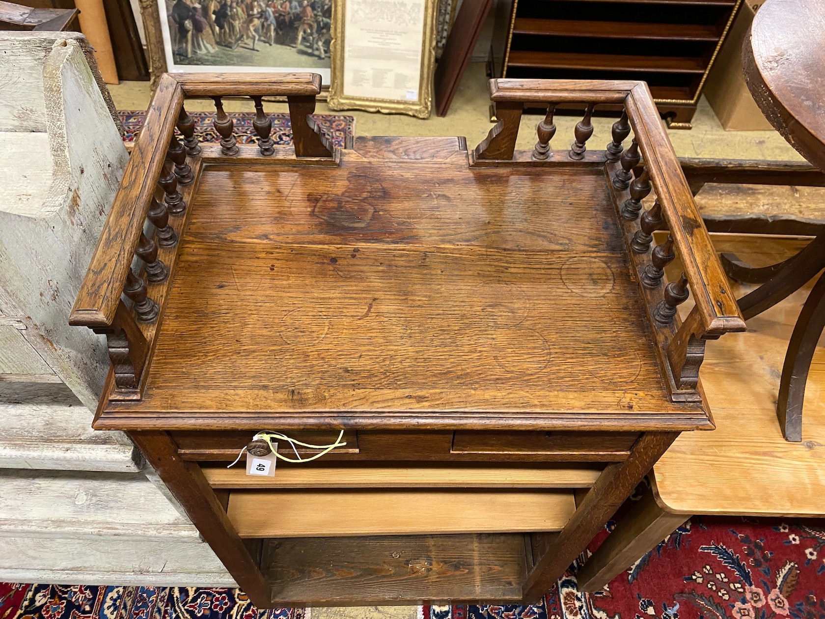 An early 20th century French oak clerk's desk, width 70cm, depth 50cm, height 112cm - Image 2 of 2