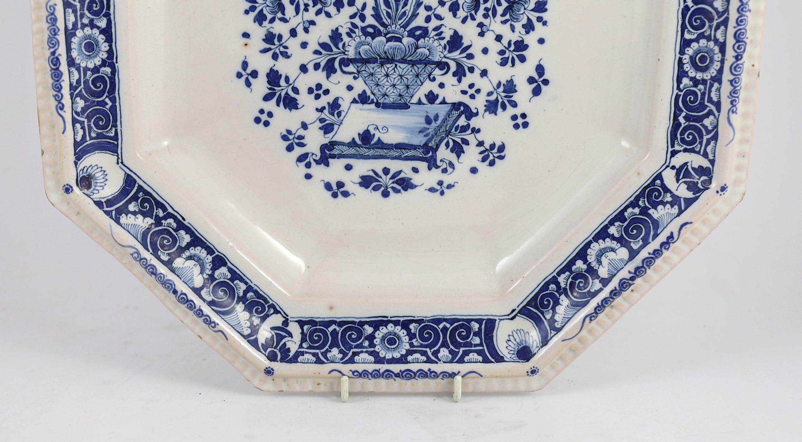 A large Strasbourg faience octagonal dish, c.1720-40, painted in blue with a basket of flowers, - Image 4 of 6