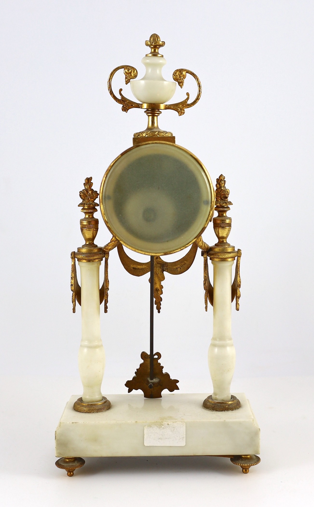 A Louis XVI style ormolu mounted white marble eight day mantel clock and a matching pair of twin - Image 3 of 4