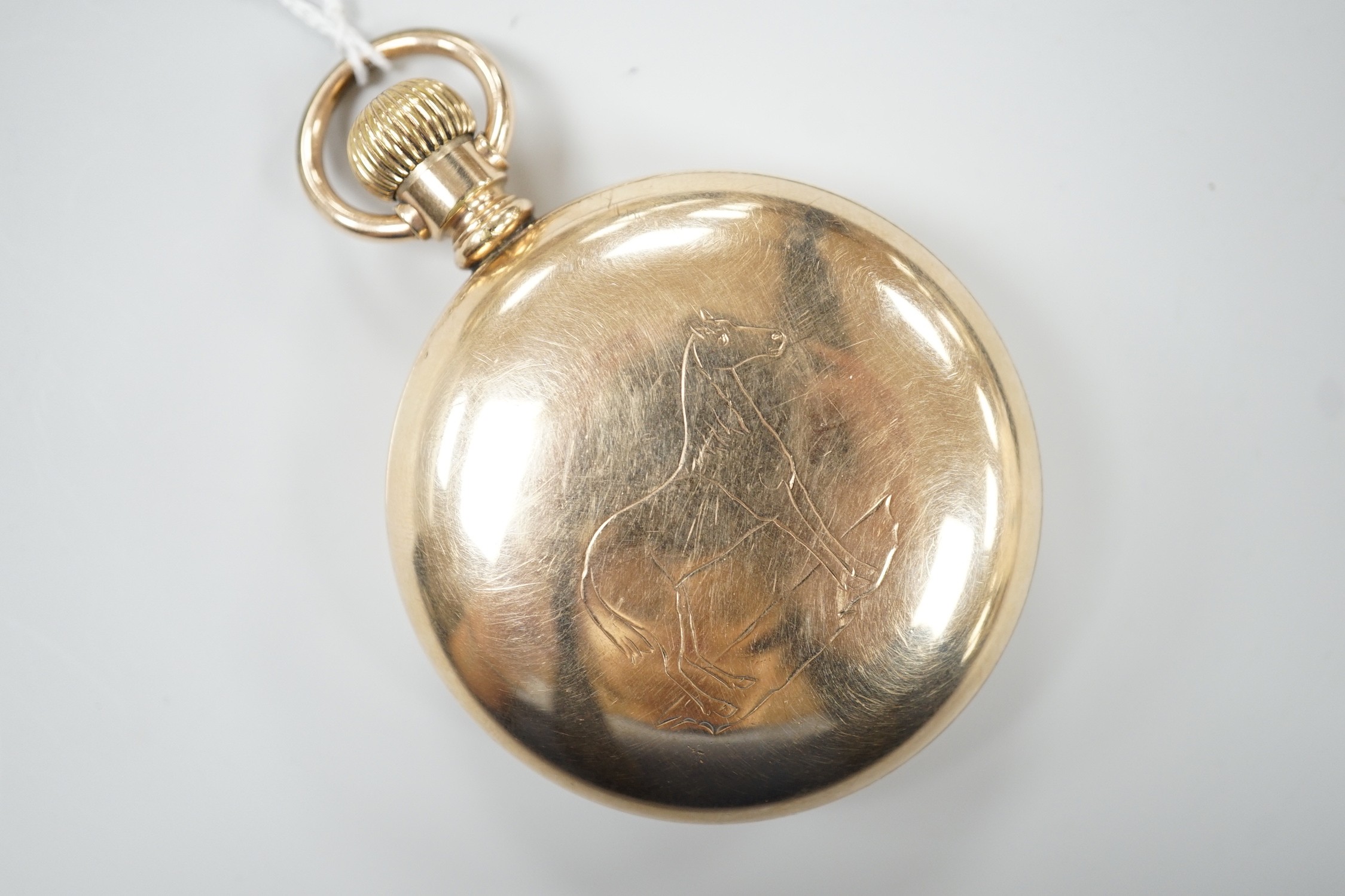 An American gold plated Rockford Watch Co. keyless open faced pocket watch, with Roman dial and - Image 3 of 3