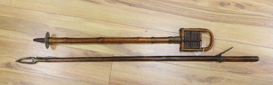 A French bamboo shooting stick and a Victorian library book grabber, 122.5cm