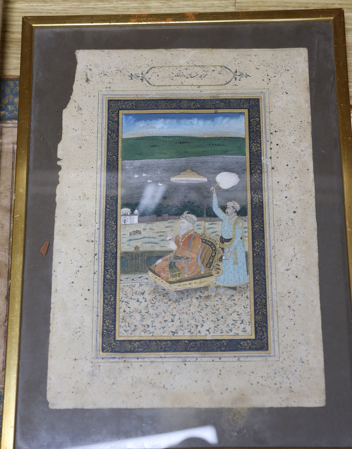 An Indian painted silk panel, two framed Persian paintings and another unframed painting. - Image 3 of 4