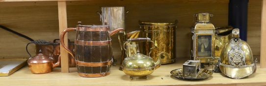 Sundry brass and copper, including a brass fireman’s helmet, a coal helmet, a staved and coopered