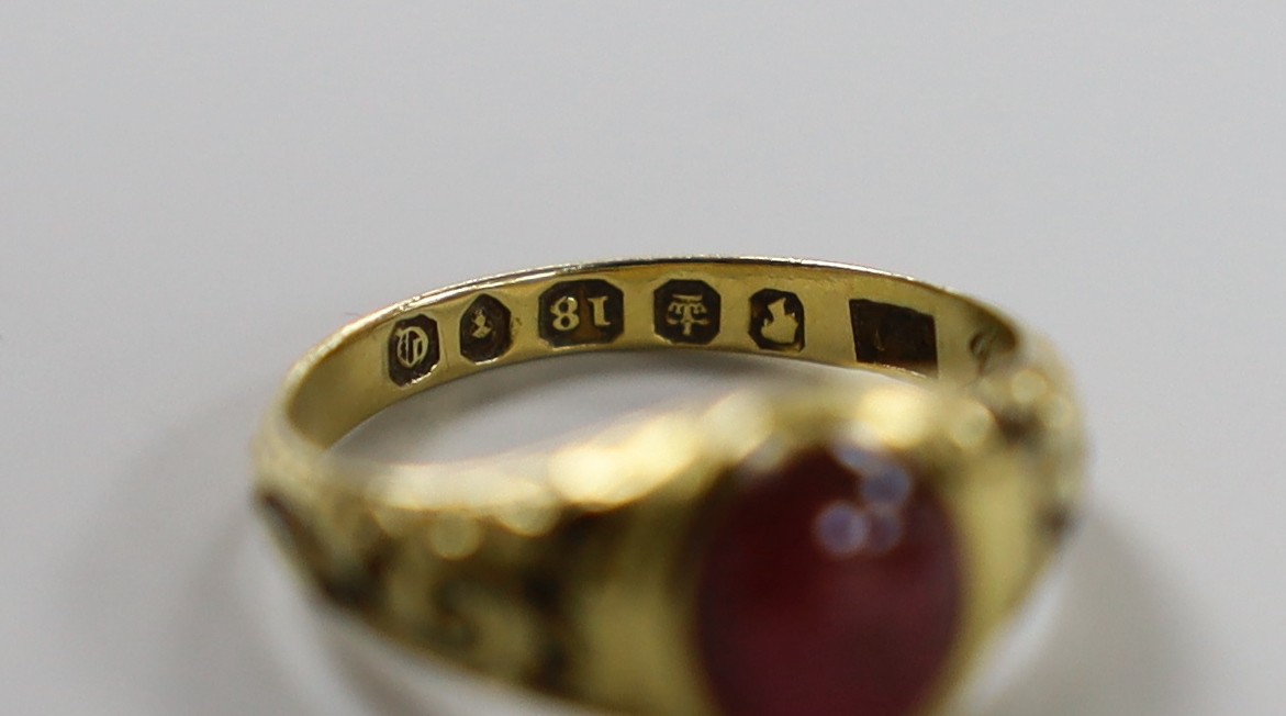 A Victorian 18ct gold, cabochon garnet and black enamel set memorial ring, the shank interior - Image 6 of 7