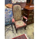 A Victorian carved rosewood elbow chair with tapestry seat and back, width 69cm, depth 47cm,