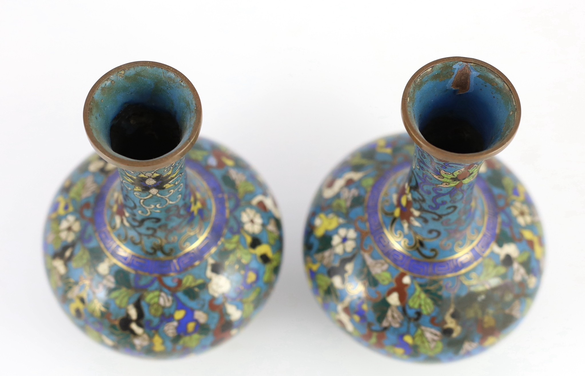A pair of Chinese cloisonné enamel ‘gourd vine’ vases, early 19th century, decorated in colours with - Image 3 of 4