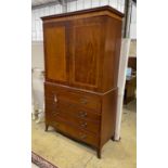 A George III mahogany and satinwood secretaire linen press, length 122cm, depth 58cm, height 214cm