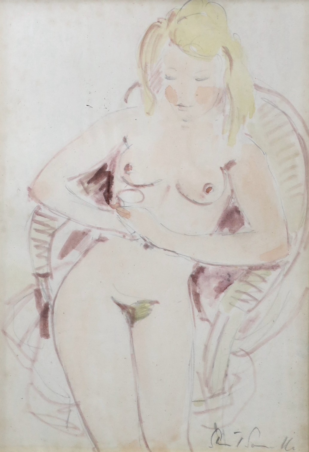 Stuart Scott Somerville (1908-1983), watercolour, Seated female nude, signed, 21 x 14cm