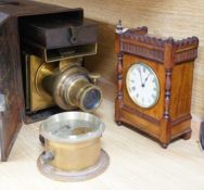 A cased tinplate and pressed brass Magic Lantern, Case 46 cm long, A French walnut cased mantel