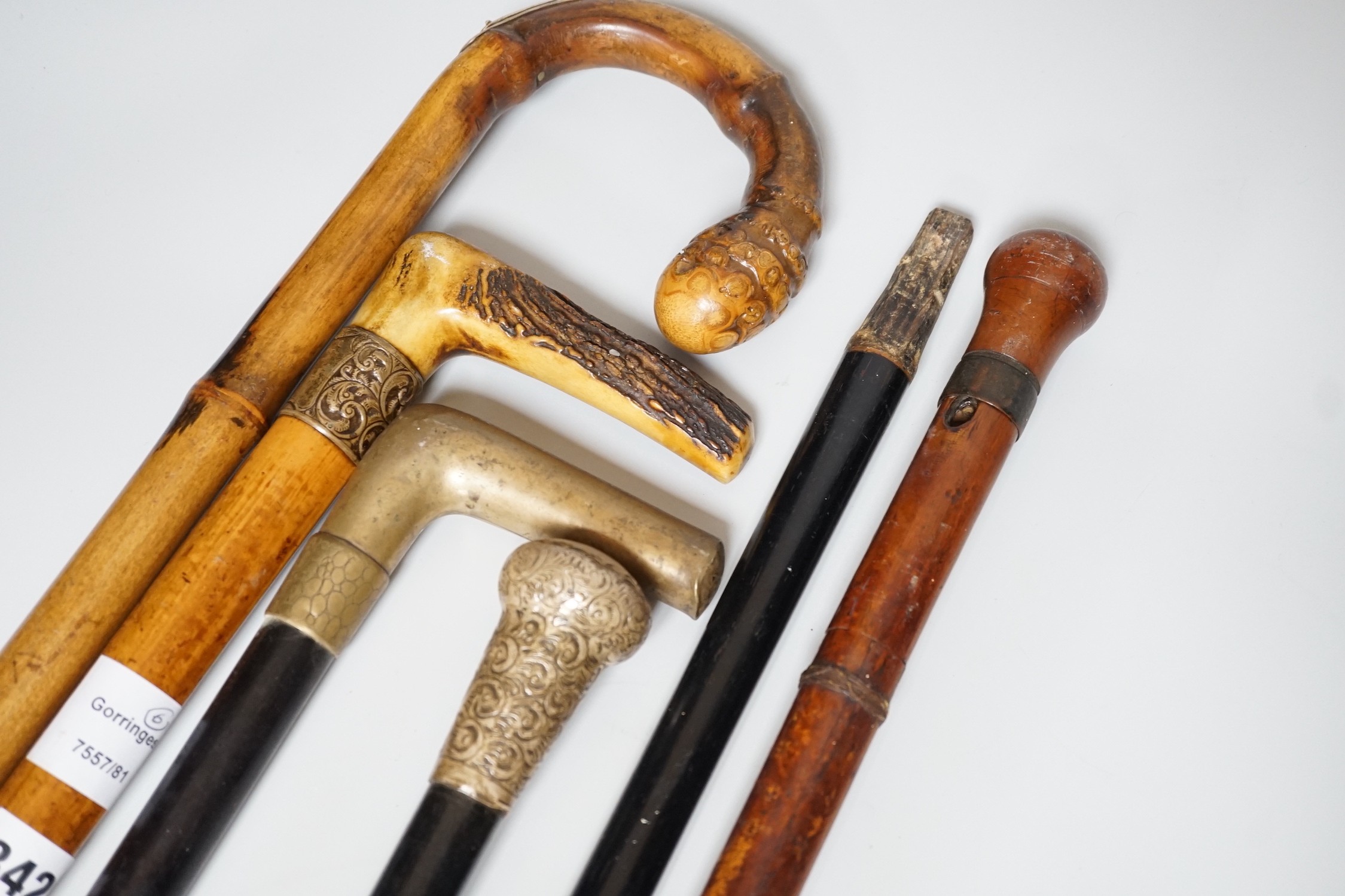 Two Victorian silver mounted walking sticks, a sword stick and three other sticks (6) - Image 3 of 9