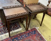 A pair of George III style rectangular mahogany fret cut occasional tables, width 54cm, depth