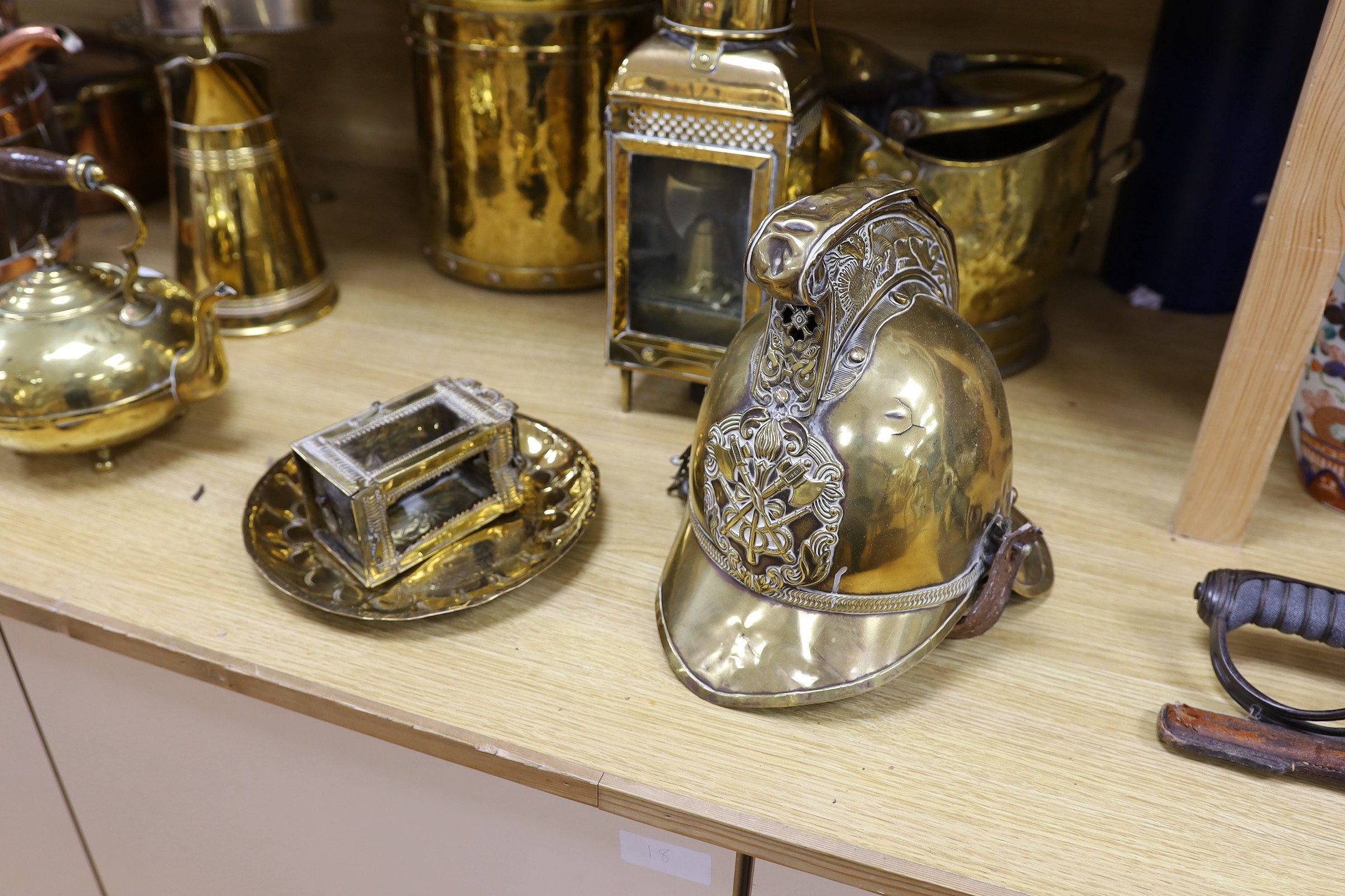 Sundry brass and copper, including a brass fireman’s helmet, a coal helmet, a staved and coopered - Image 5 of 6