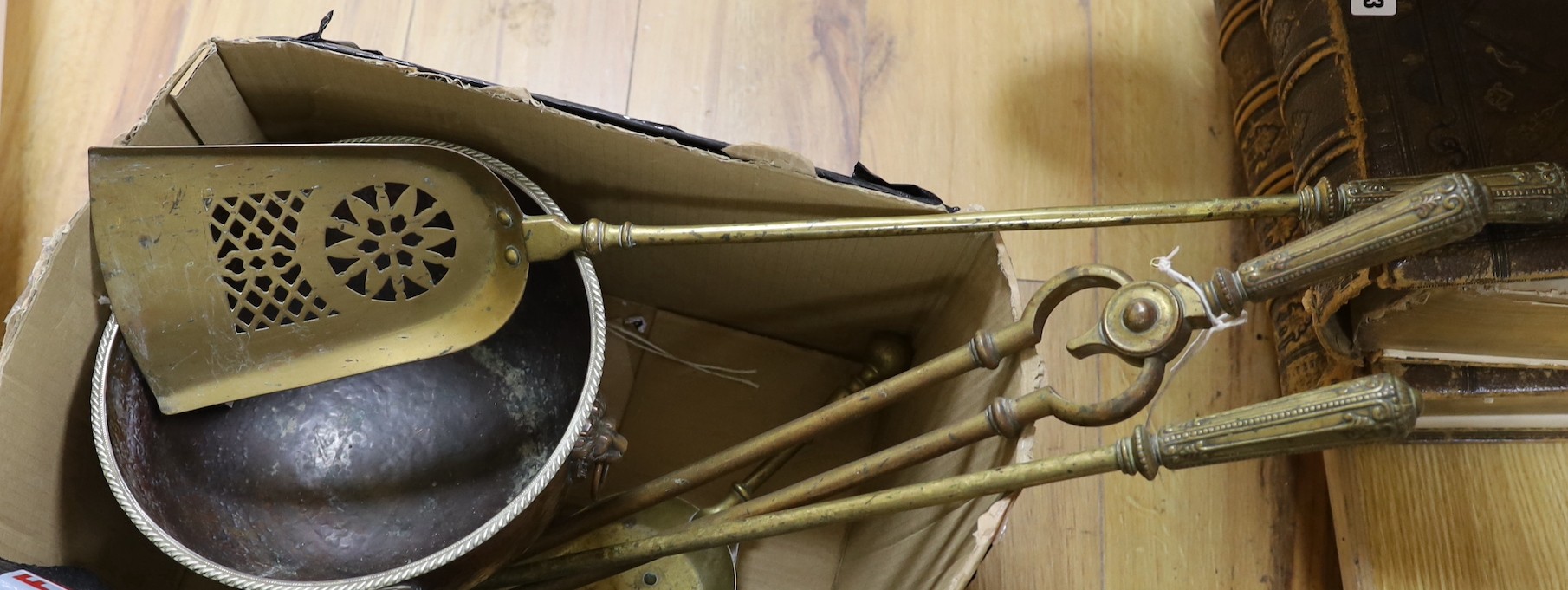 A set of three Georgian gilt bronze fire implements, a similar brass shovel and sundries, - Image 5 of 5