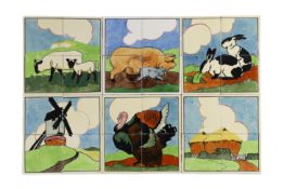 E.E. Strickland for Carter & Co, Poole pottery, six sets of four tile panels of animals and farm