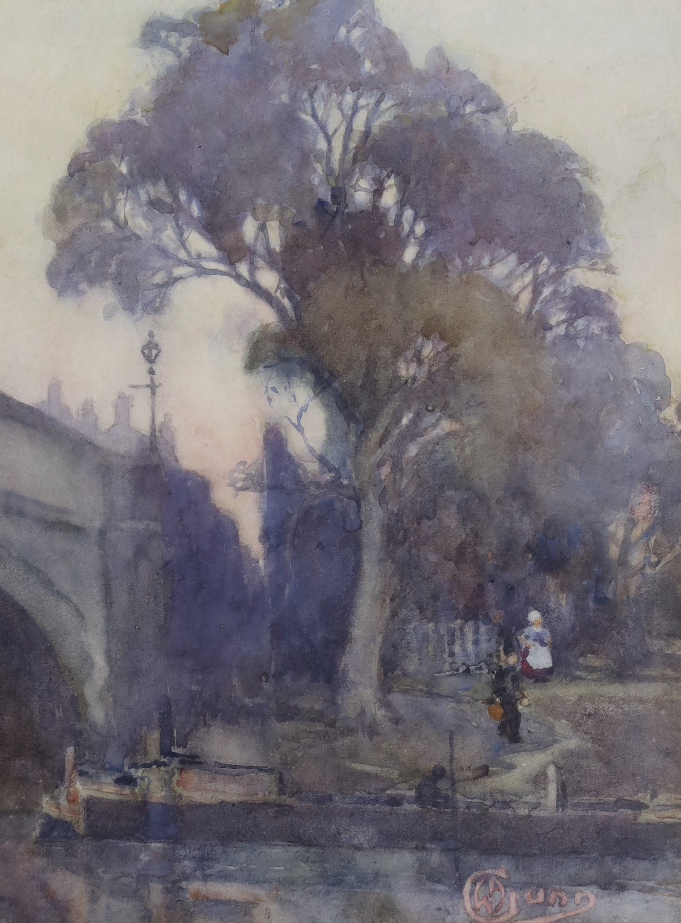 William Archibald Gunn (1877-1966), watercolour, Figures beside a canal, signed, 24 x 18cm