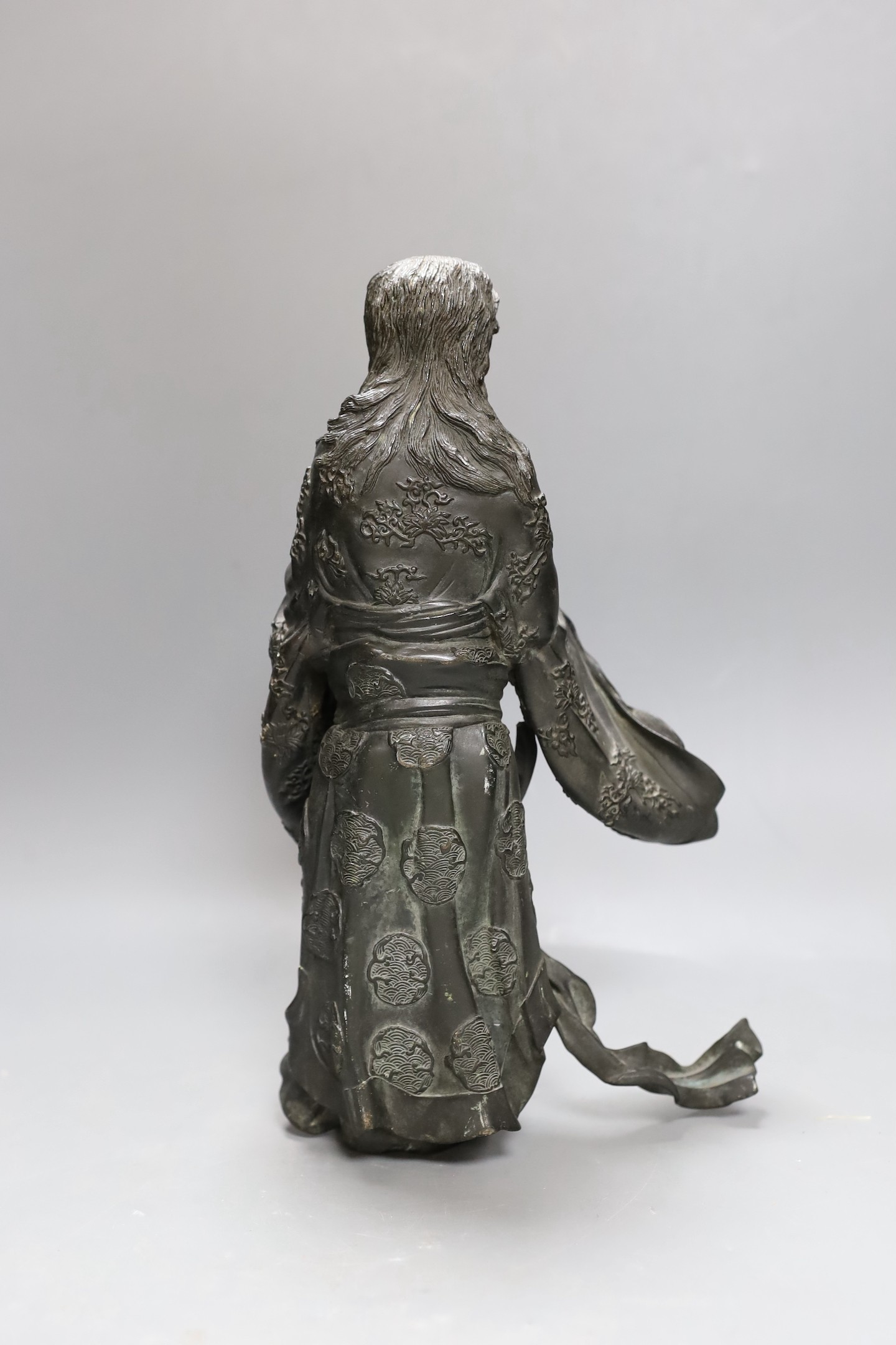 A heavily cast Japanese bronze figure of a bearded man with flowing robes, Meiji period, 31cm tall - Image 2 of 2