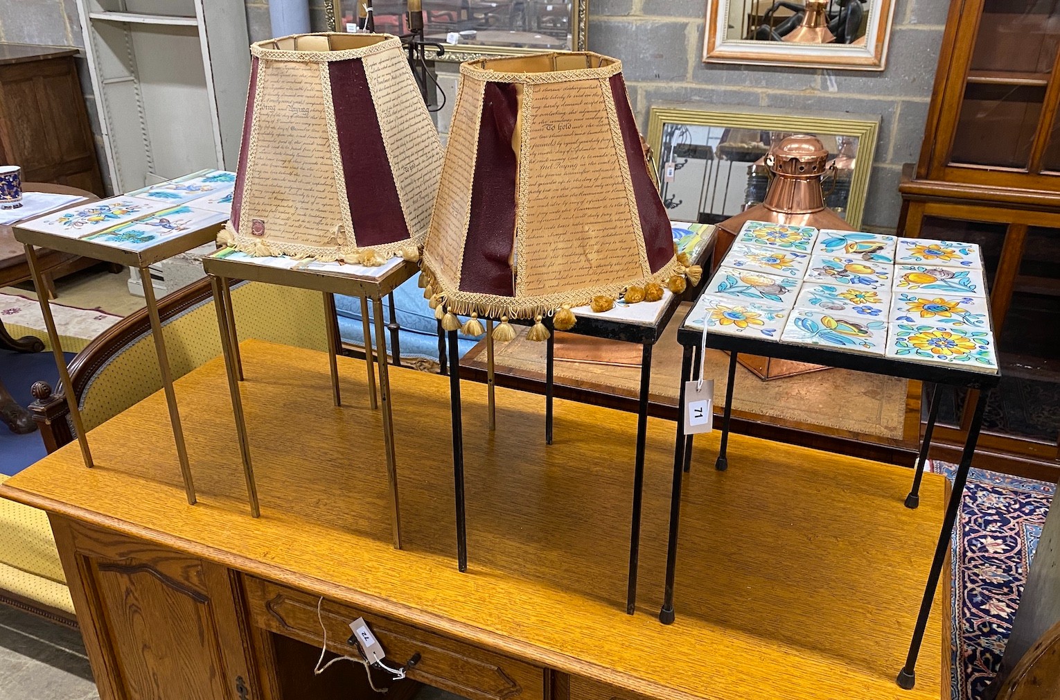 A set of four mid century rectangular tile top occasional tables, largest length 45cm, depth 34cm,