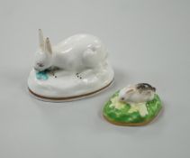 Two toy Staffordshire models of a recumbent rabbit and a bunny, both on oval bases, c.1830-50, (