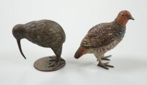 A cold painted bronze model of a ptarmigan and a bronze model of a kiwi. Tallest 5.5cm