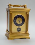 A 19th century French brass eight day carriage clock with alarm,. 12cm tall