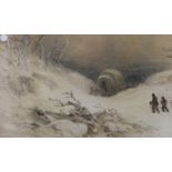 19th century English School, watercolour, Travellers in a winter landscape, 20 x 32cm