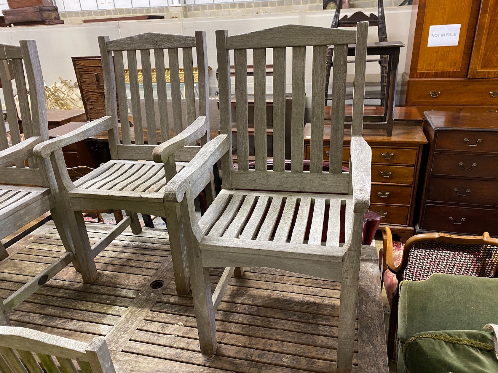 A rectangular weathered teak garden table, length 183cm, depth 92cm, height 73cm and four Lister - Image 2 of 3