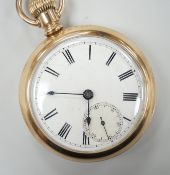 An American gold plated Rockford Watch Co. keyless open faced pocket watch, with Roman dial and