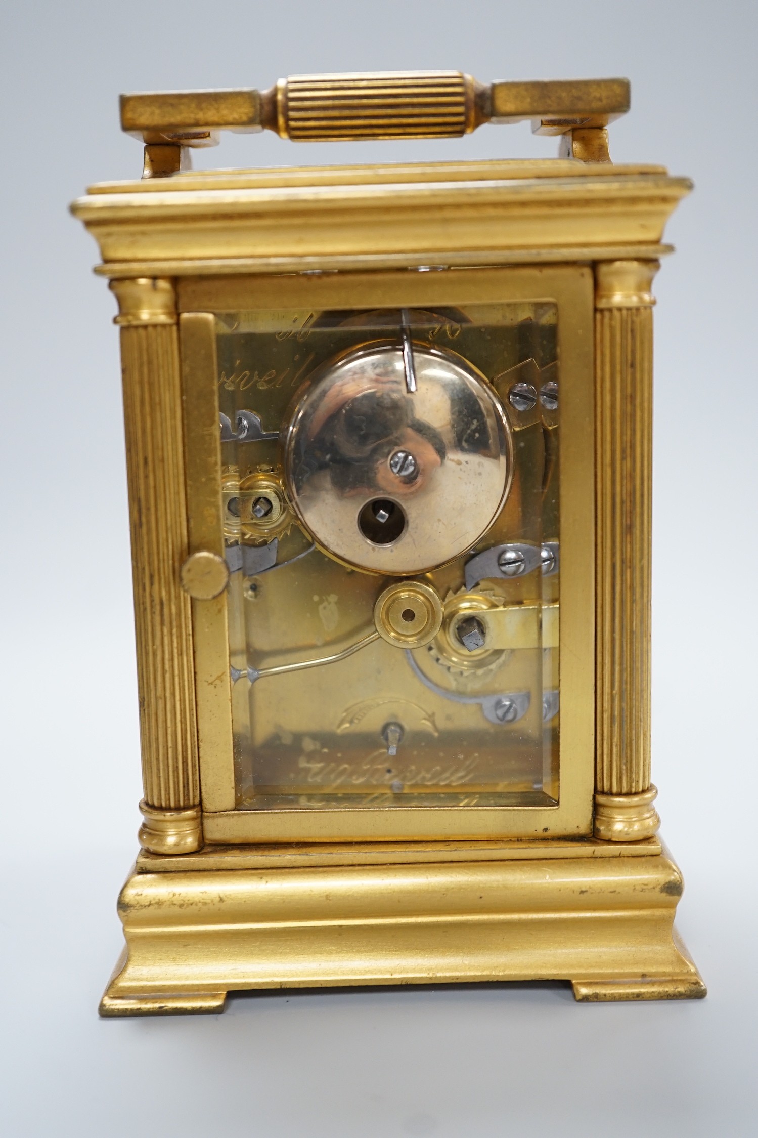 A 19th century French brass eight day carriage clock with alarm,. 12cm tall - Image 3 of 5