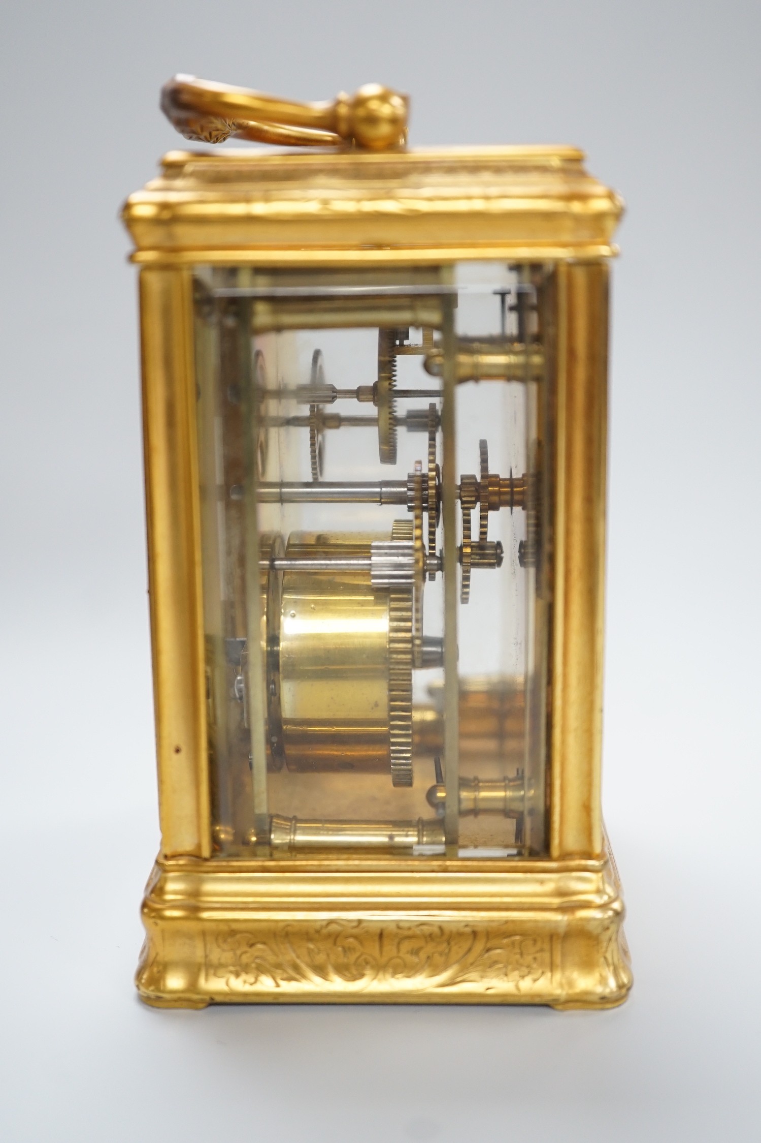 A late 19th century French eight day timepiece, in an engraved brass gorge case. 12cm tall - Image 2 of 6