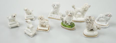 Four small Staffordshire porcelain models of poodles, together with five toy Staffordshire models of