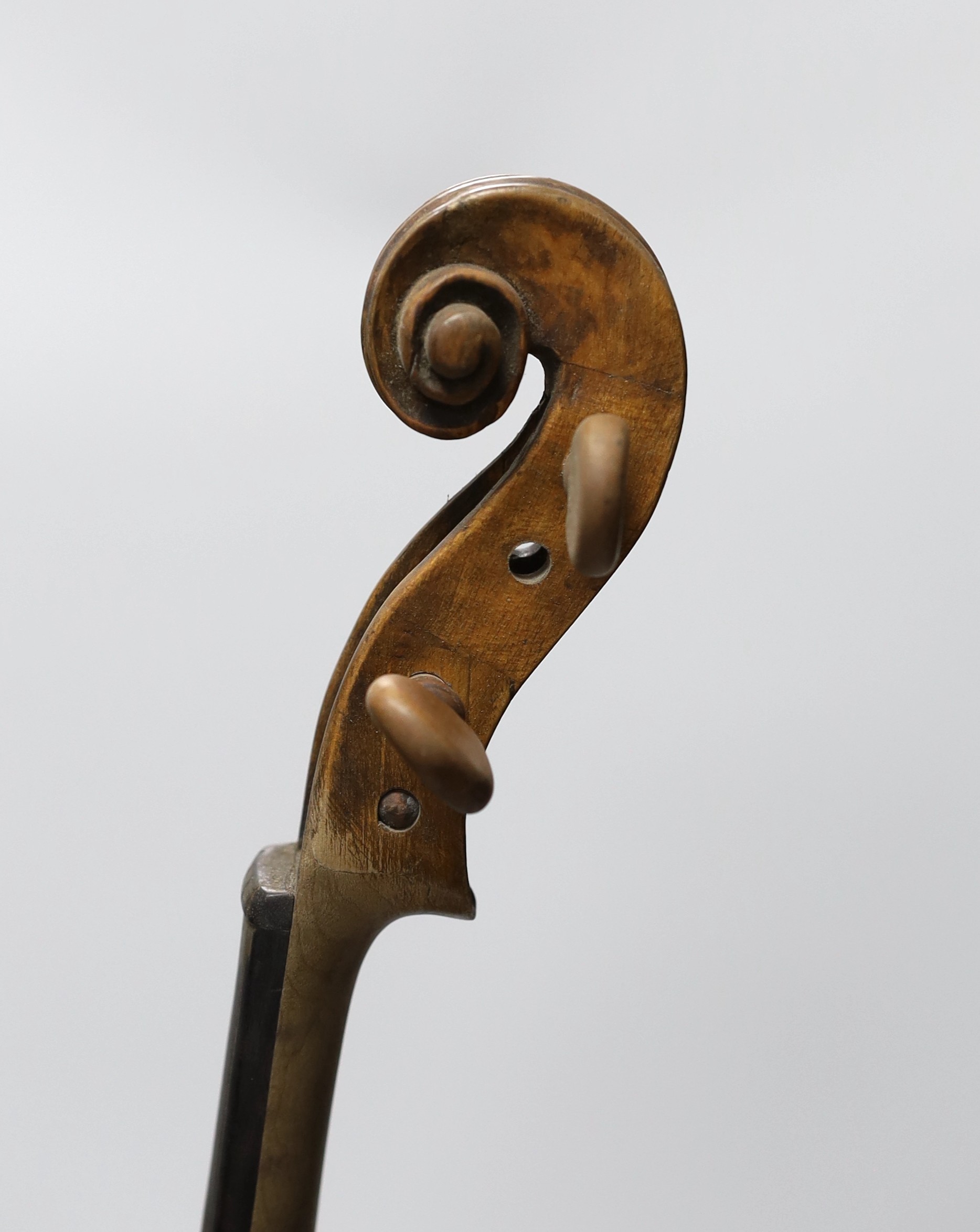 An 18th century German violin labelled Martin Leibmuller Mittenwalde, length of back 14ins, with a - Image 3 of 8