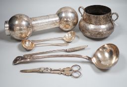 Mixed silver and plated ware including a Victorian silver Kings pattern soup ladle, London, 1857,