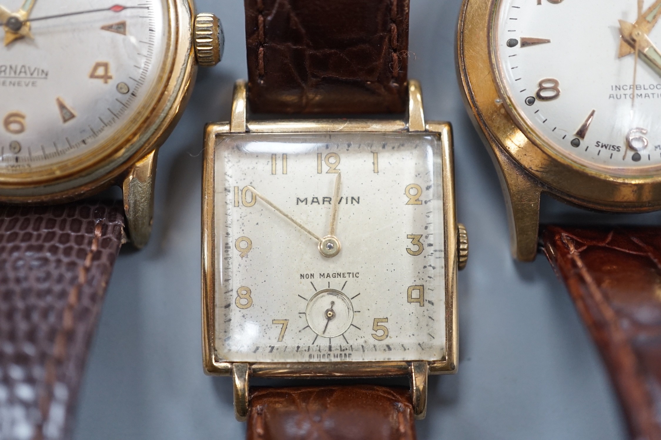 A gentleman's 1940's 9ct gold Marvin square dial manual wind wrist watch, on a later leather - Image 3 of 6