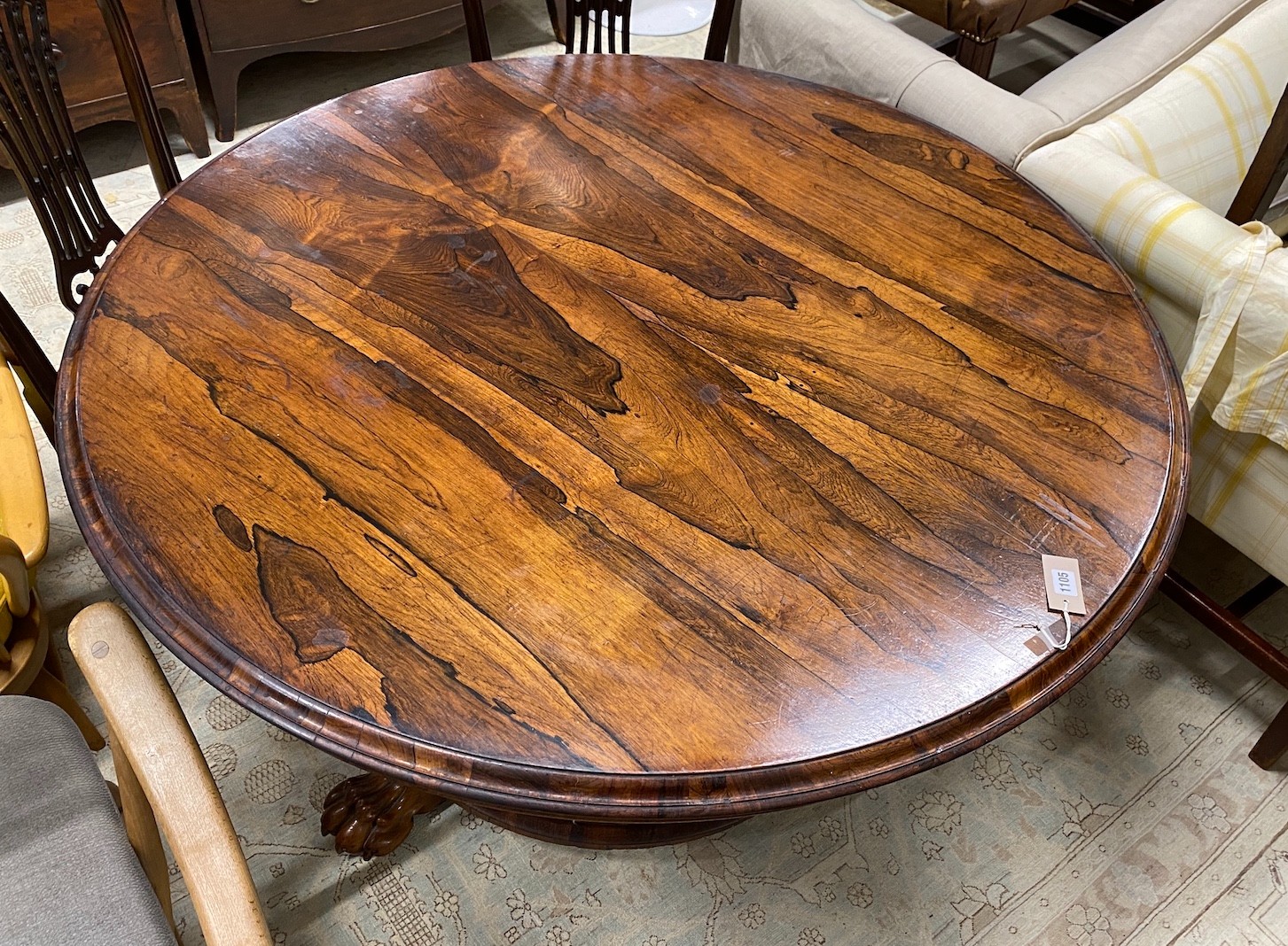 An early Victorian circular rosewood tilt top breakfast table, diameter 130cm, height 70cm - Image 2 of 3