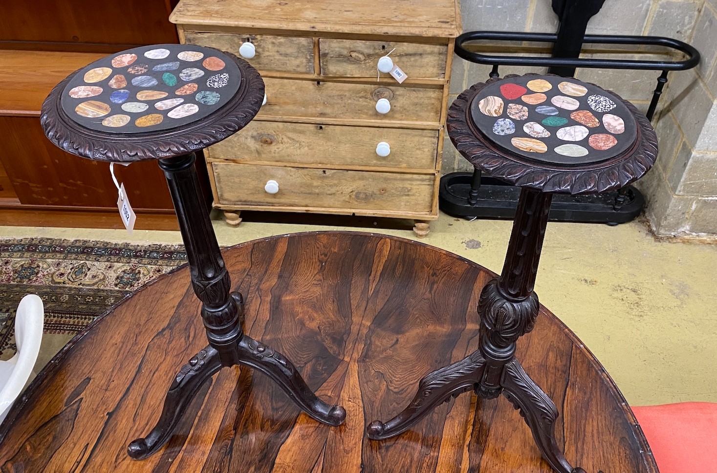 A near pair of Victorian style tripod tables with circular specimen marble tops, larger diameter - Image 2 of 2