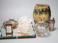 Miscellaneous items including mottled ceramic barley jar, an American miniature timepiece, silver