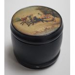 An early 20th century Russian lacquer tobacco box, the cover painted with a winter scene with