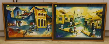 Vietnamese School, pair of oils on card, Village scenes, signed 'Dung' and dated '78, 54 x 77cm