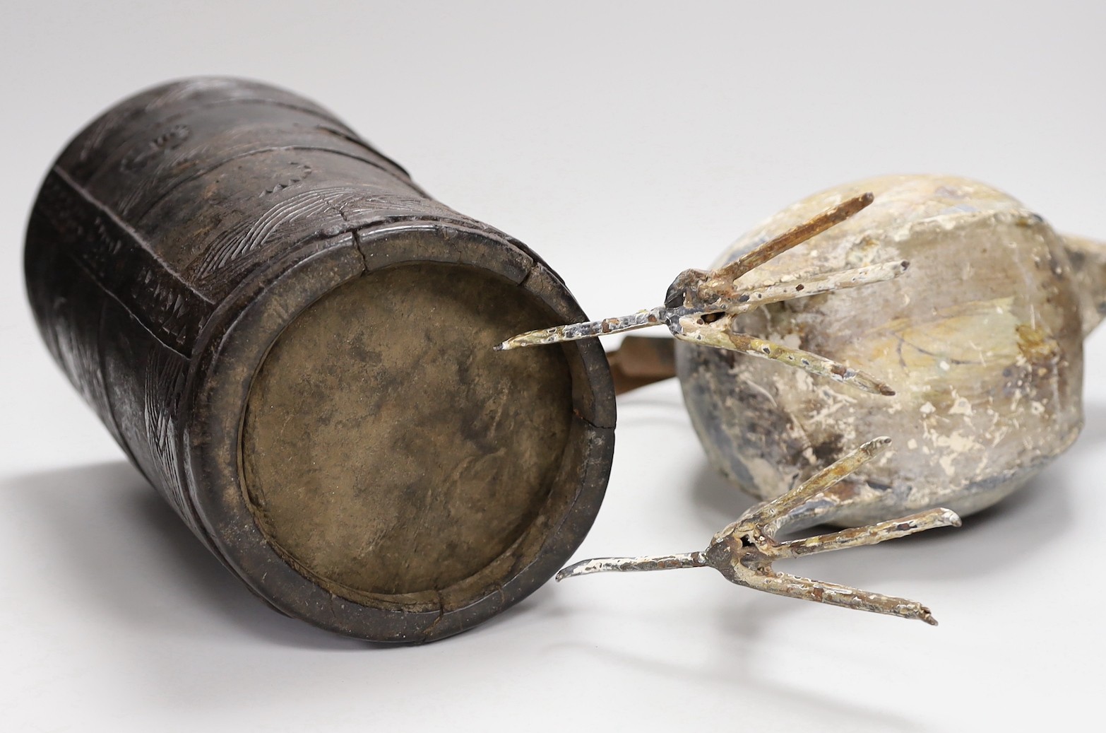 An 18th century Scandinavian carved wood tankard and a 19th century painted tin plated iron model of - Image 5 of 5