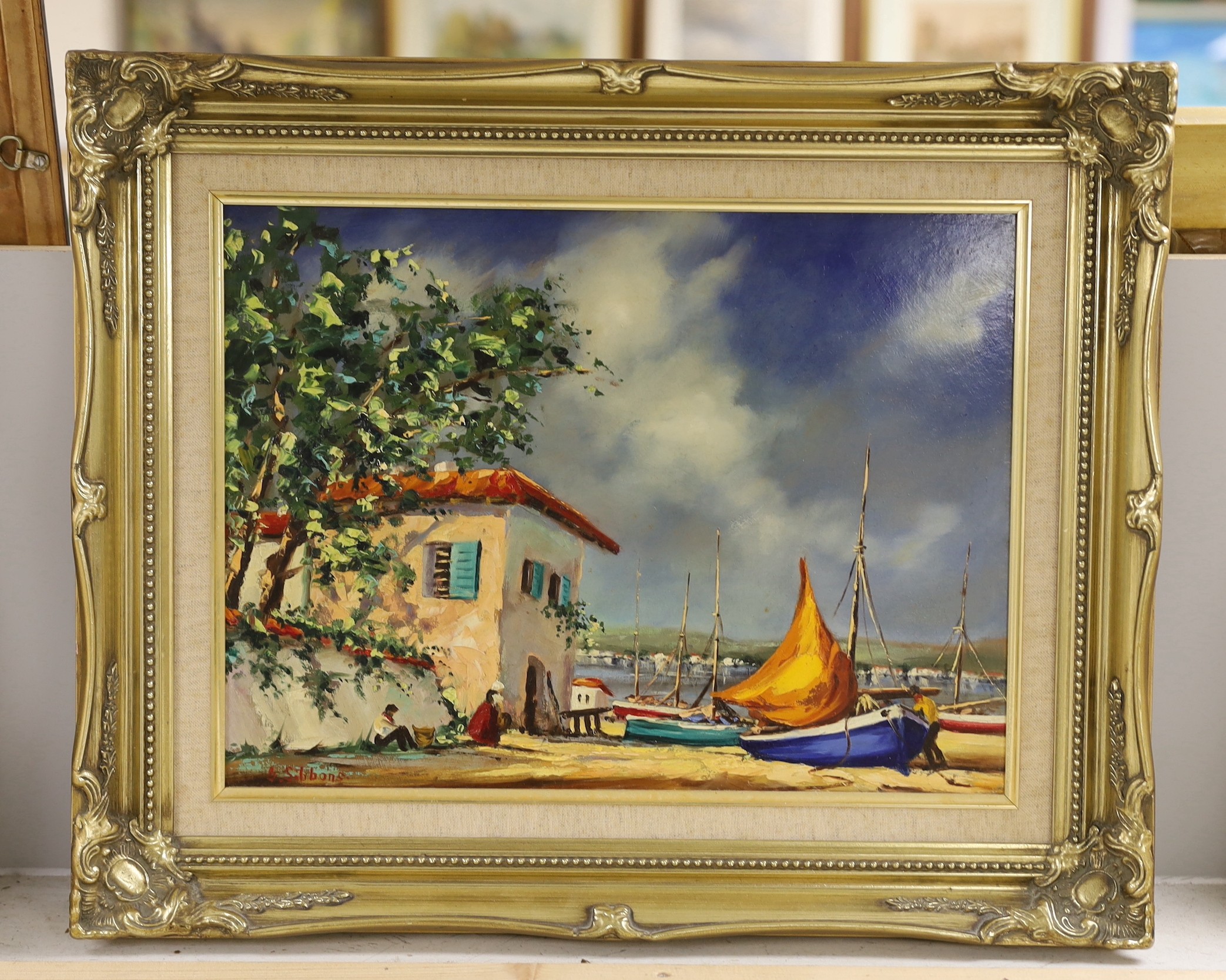 Gudrun Sibbons (b.1925), oil on board, Mediterranean coastal scene, signed, 30 x 40cm - Image 2 of 3