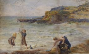 English School c.1900, watercolour, Mother and children on the beach, 46 x 75cm