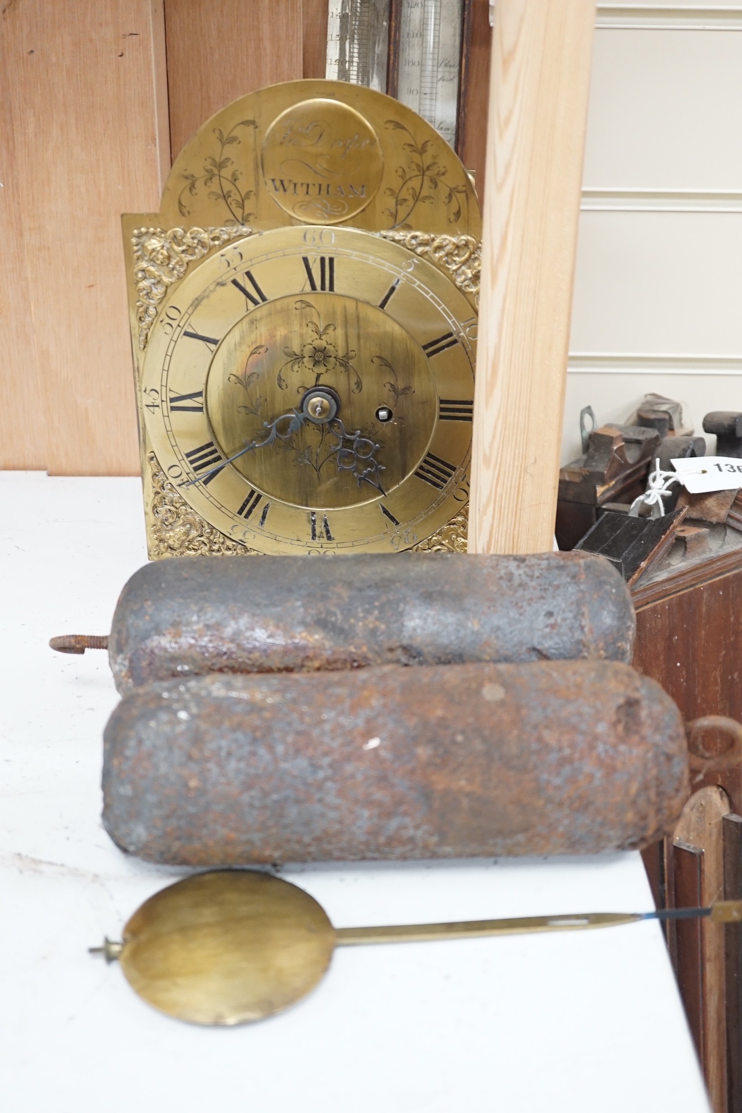 A 19th century bracket timepiece movement, a pair of iron clock weights and three barometer - Image 3 of 5