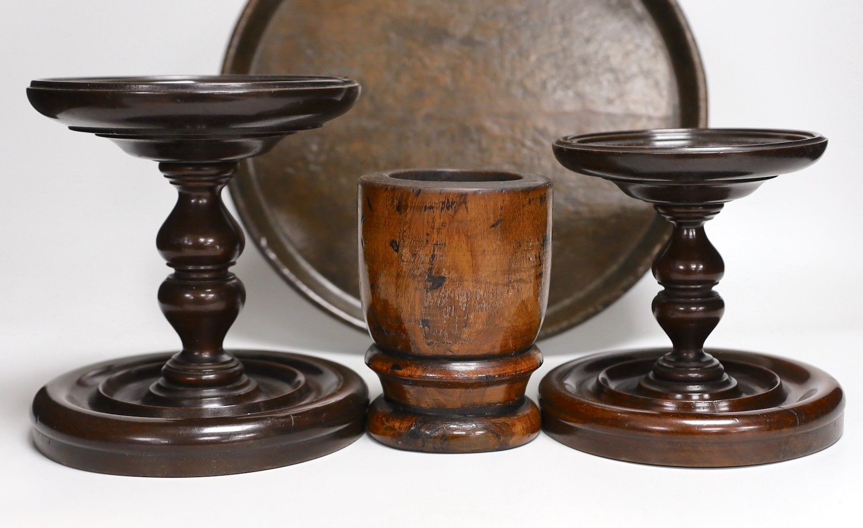 19th century and later treen including two mahogany candlestands, a spice tower and sycamore dish (6 - Image 4 of 7