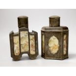 Two Chinese pewter tea caddies with glass panelled decoration. 18cm high