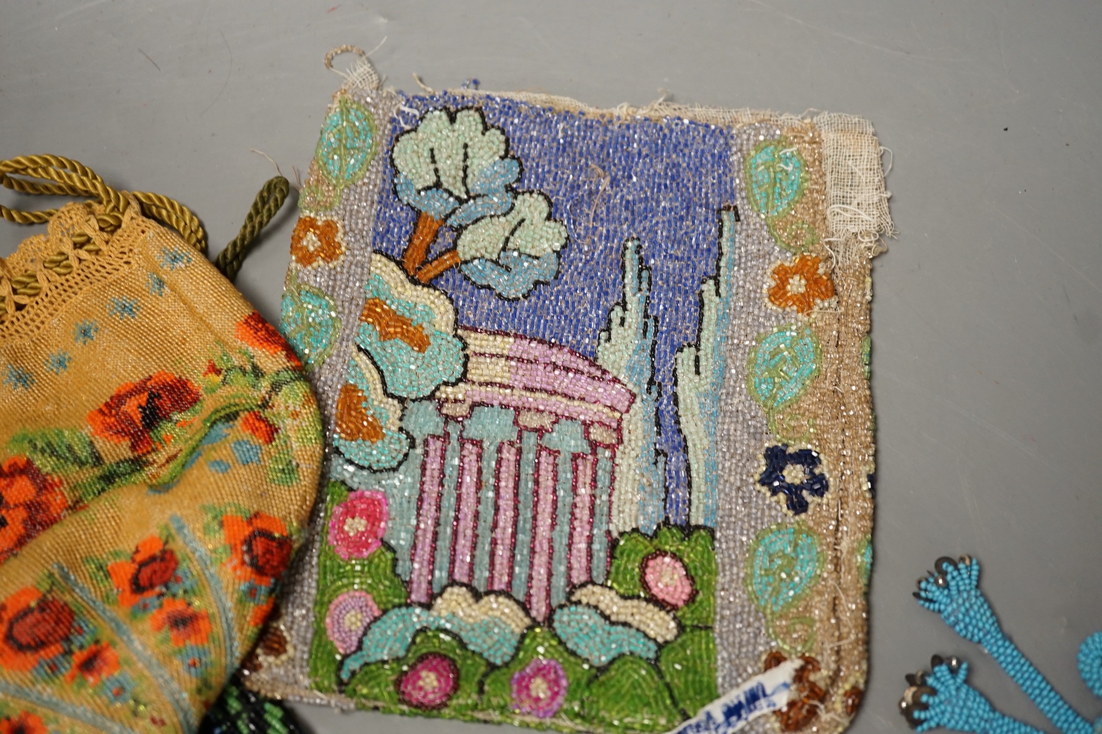 A late 19th century floral bead worked drawstring bag, a later jazz age beaded bag, a turquoise - Image 5 of 9